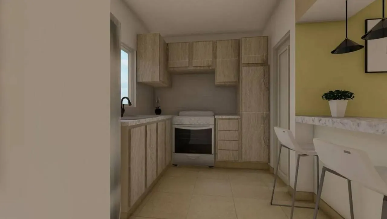 Cocina y comedor renderizados de una vivienda del proyecto