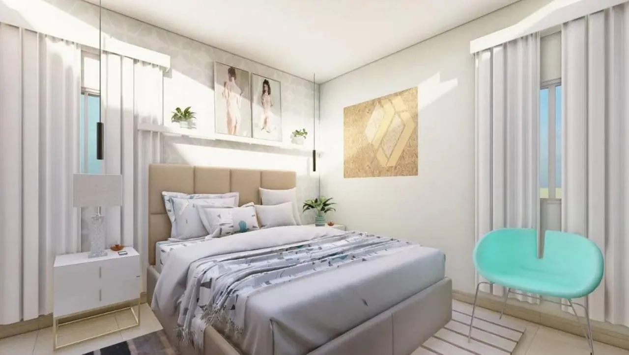 Habitación principal renderizada con iluminación natural