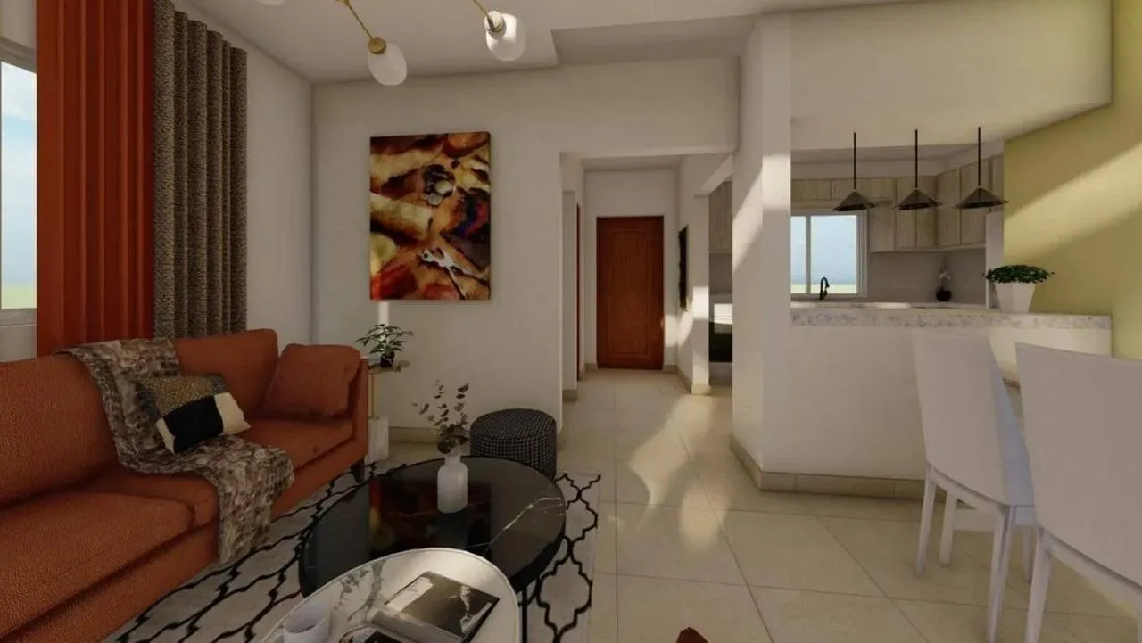 Sala integrada con cocina tipo desayuno en el proyecto